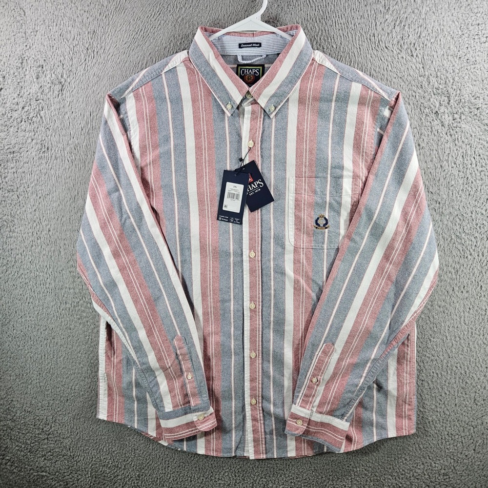 Chaps Mens XXL Heritage Oxford Shirt Red Blue White Striped Seacoast Wash NWT
